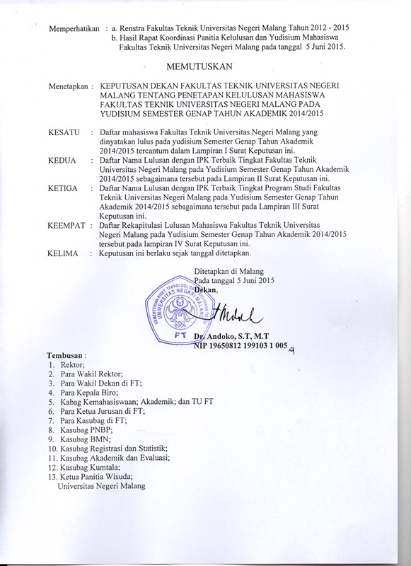 Penetapan Kelulusan Mahasiswa FT UM Pada Yudisium Semester Genap 2014/2015