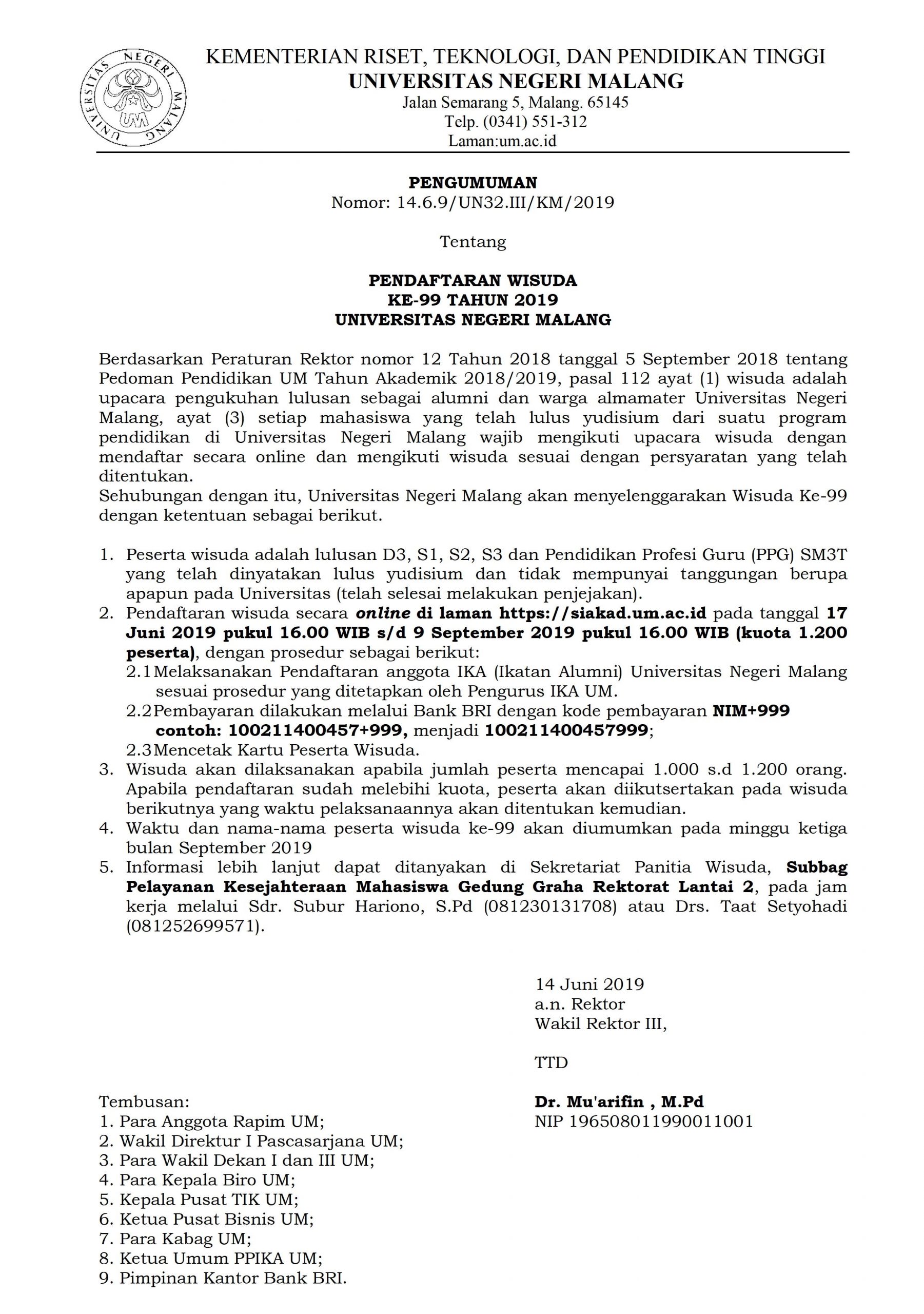 Pengumuman Pendaftaran Wisuda ke-99 Tahun 2019 Universitas Negeri Malang