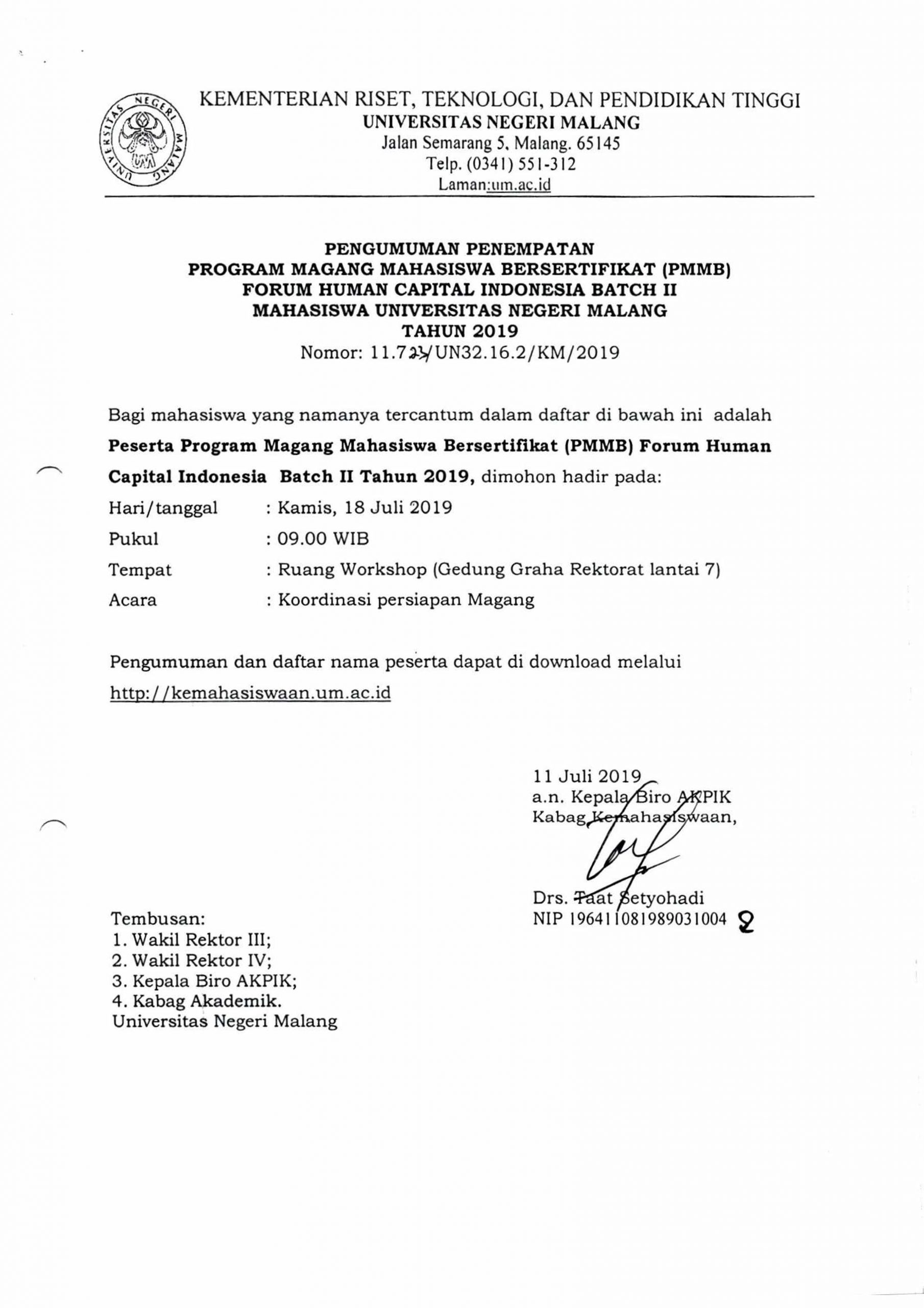 PENGUMUMAN PENEMPATAN PROGRAM MAGANG MAHASISWA BERSERTIFIKAT (PMMB) FORUM HUMAN CAPITAL INDONESIA BATCH II MAHASISWA UNIVERSITAS NEGERI MALANG TAHUN 2019