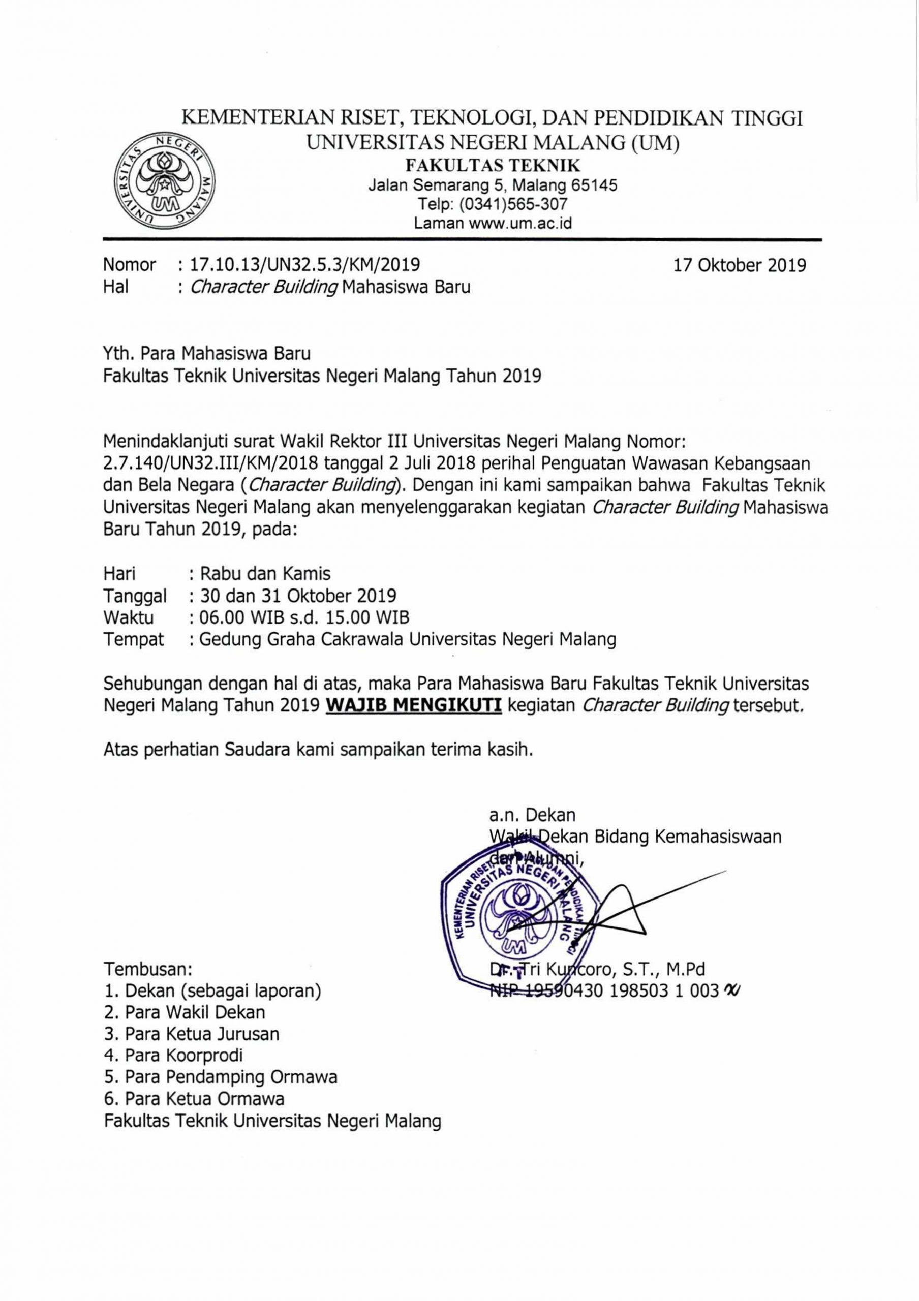 Character Building Mahasiwa Baru Fakultas Teknik Universitas Negeri Malang 2019