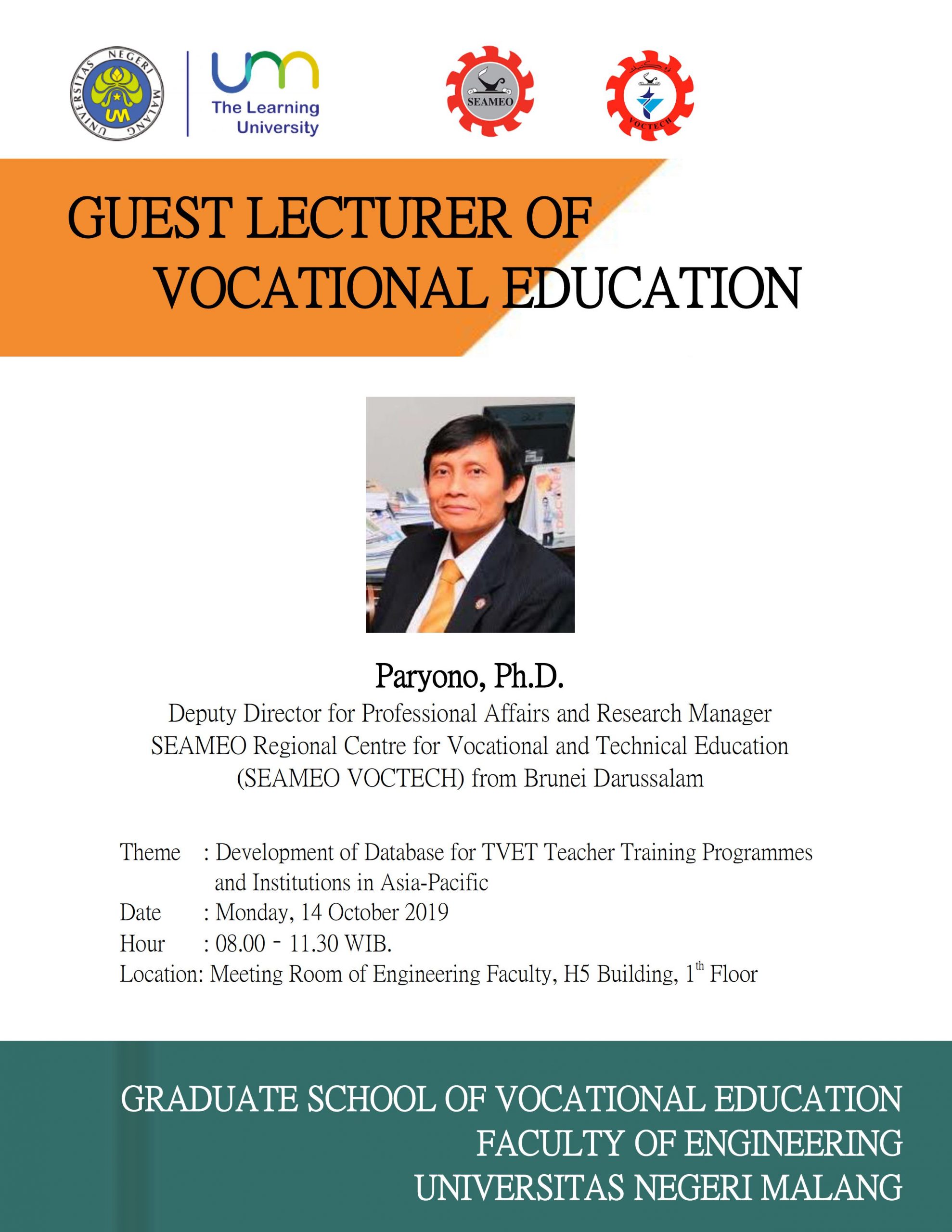 GUEST LECTURER OF VOCATIONAL EDUCATION with Theme Development of Database for TVET Teacher Training Programmes and Institutions in Asia-Pacific