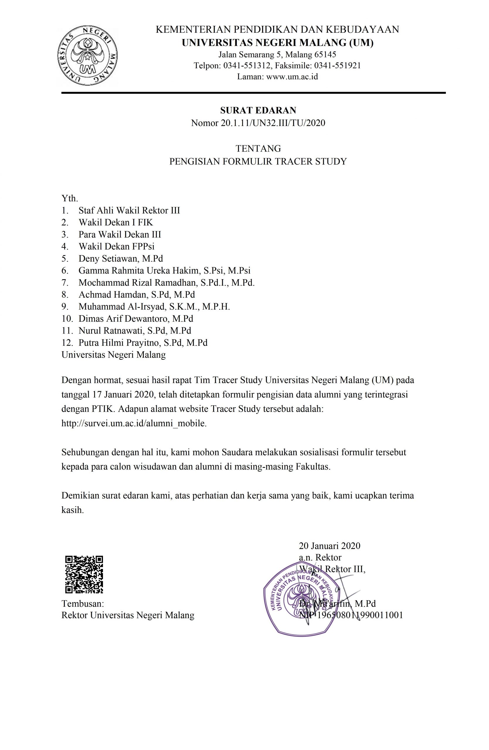 Surat Edaran Tentang Pengisian Formulir TRACER STUDY Universitas Negeri Malang