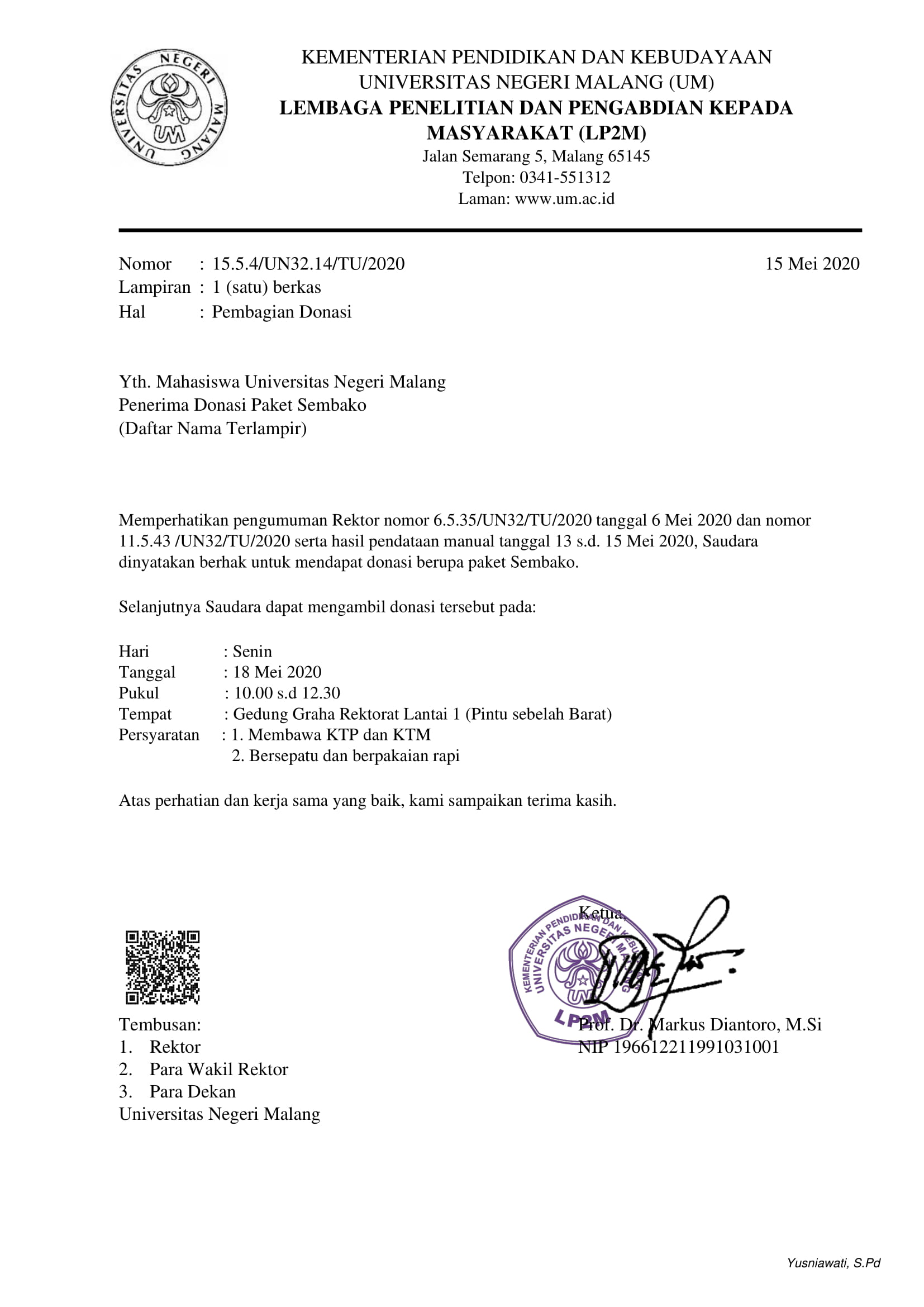 Jadwal Pembagian Donasi Paket Sembako Universitas Negeri Malang