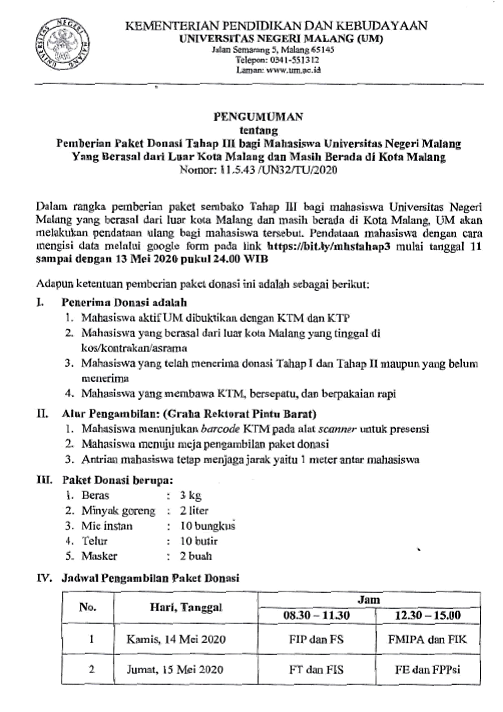 Pemberian Paket Donasi Tahap III bagi Mahasiswa Universitas Negeri Malang yang Berasal dari Luar Kota Malang dan Masih Berada di Kota Malang