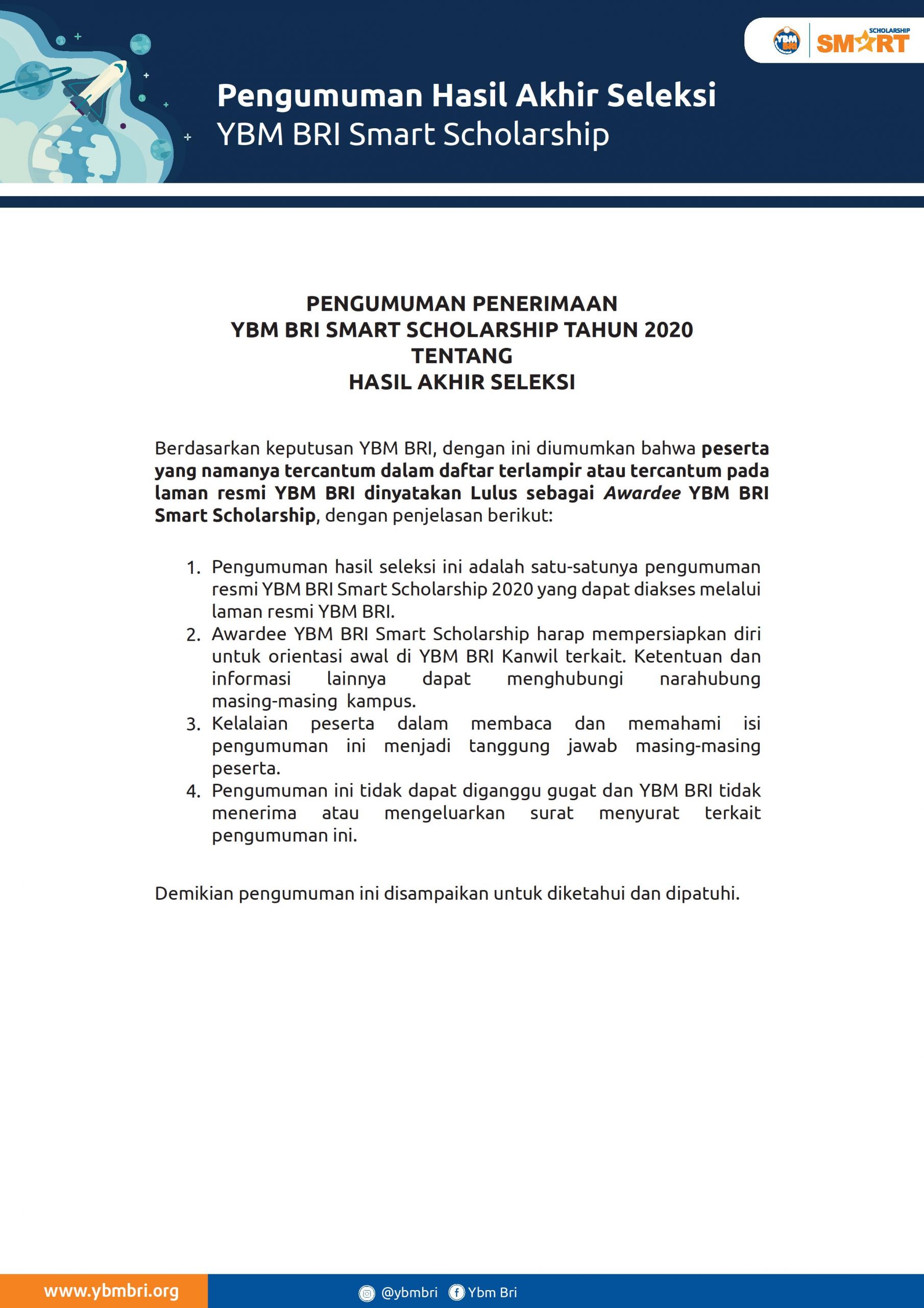 Penerima YBM BRI Smart Scholarship Universitas Negeri Malang Tahun 2020