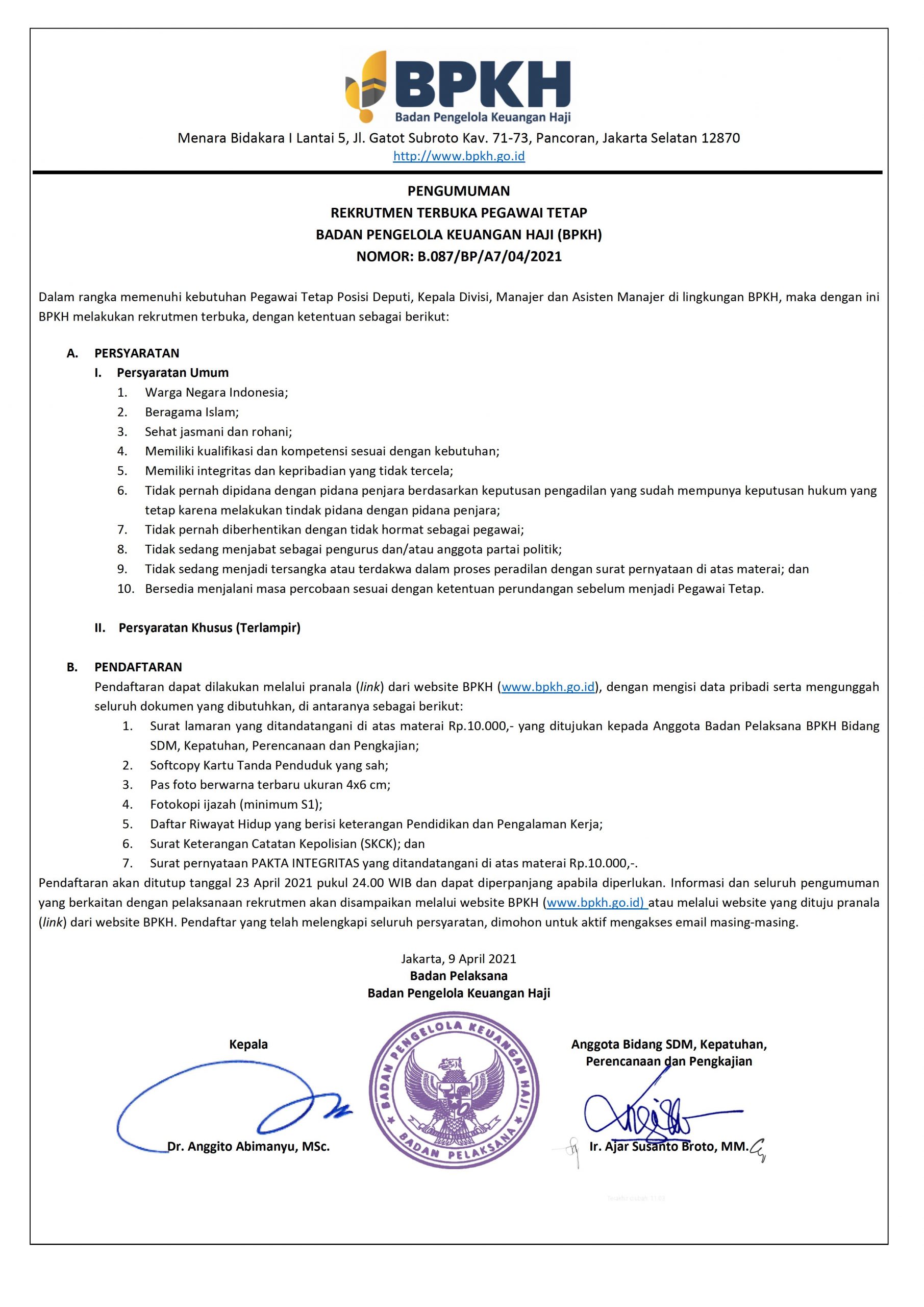 Rekrutmen Terbuka Pegawai Tetap | Badan Pengelola Keuangan Haji (BPKH)