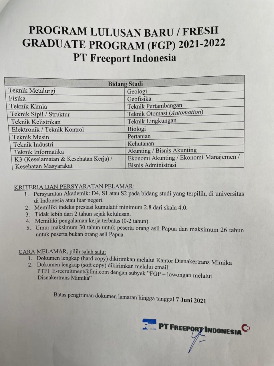 Program Lulusan Baru / Fresh Graduate Program (FGP) 2021-2022 PT. Freeport Indonesia