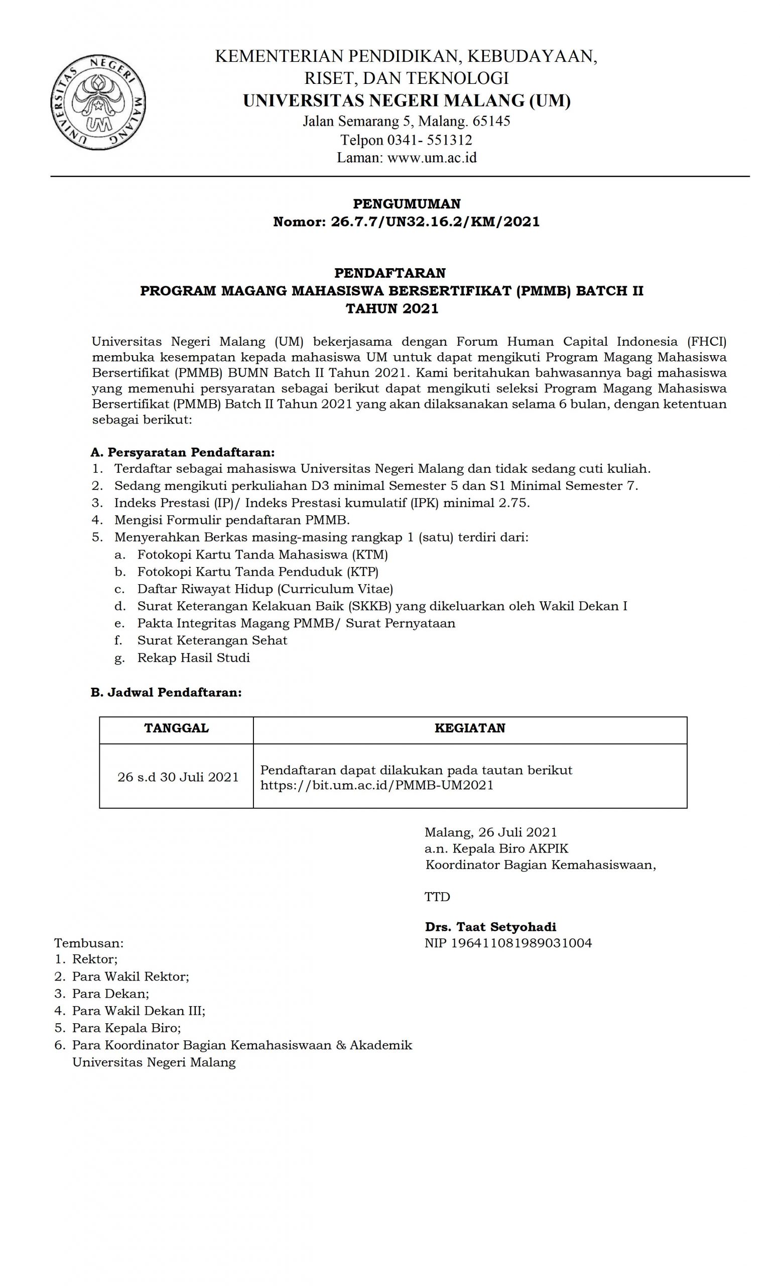 Pendaftaran Program Magang Mahasiswa Bersertifikat (PMMB) UM Batch II Tahun 2021