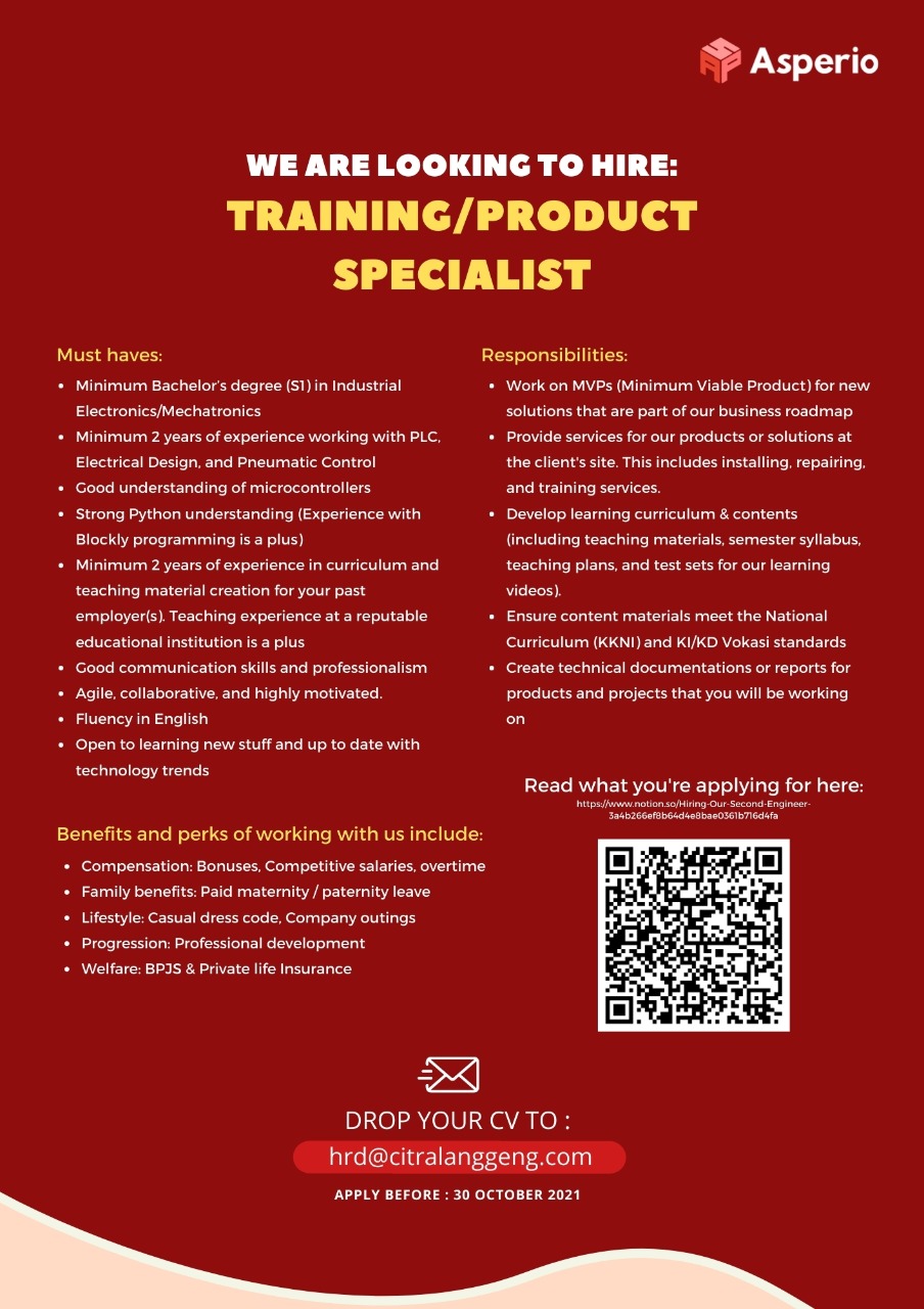 Lowongan Pekerjaan Training/Product Specialist – ASPERIO