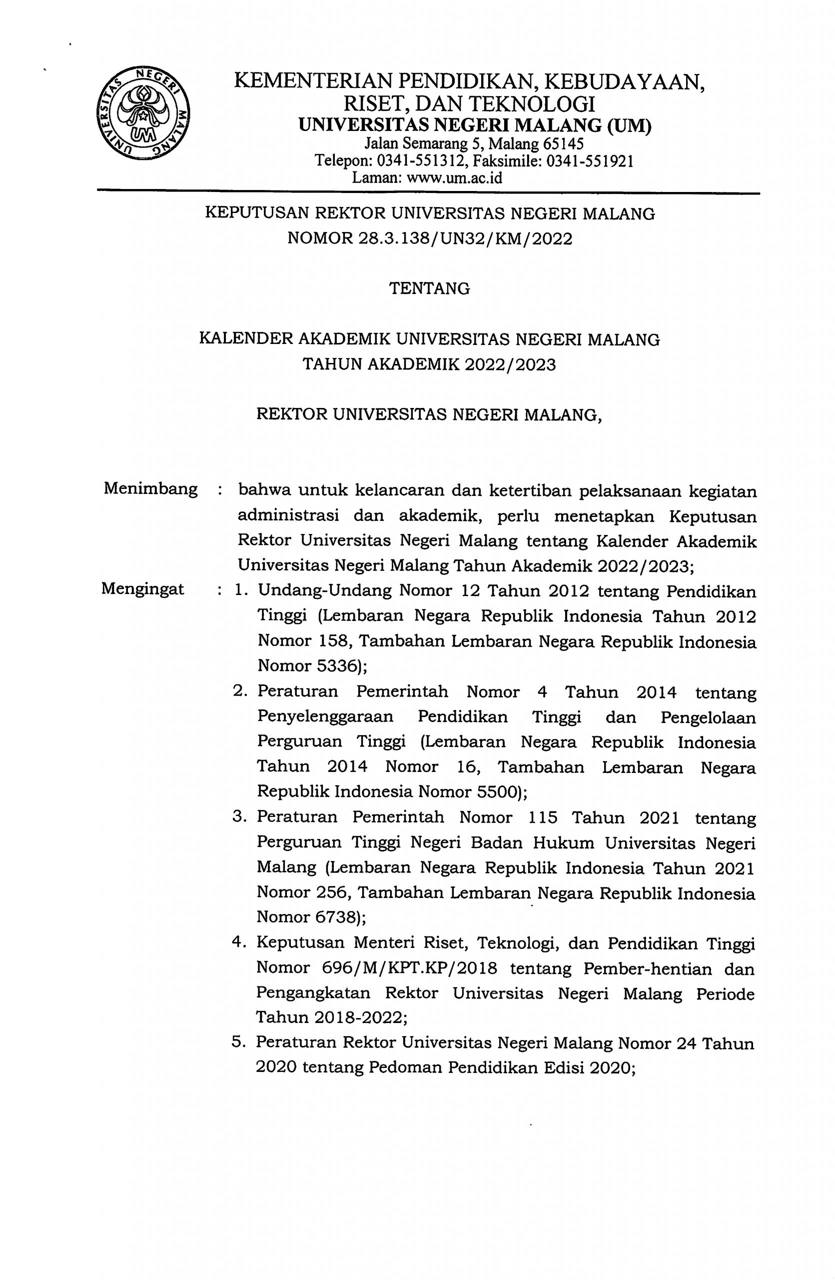 Kalender Akademik Universitas Negeri Malang Tahun Akademik 2022/2023