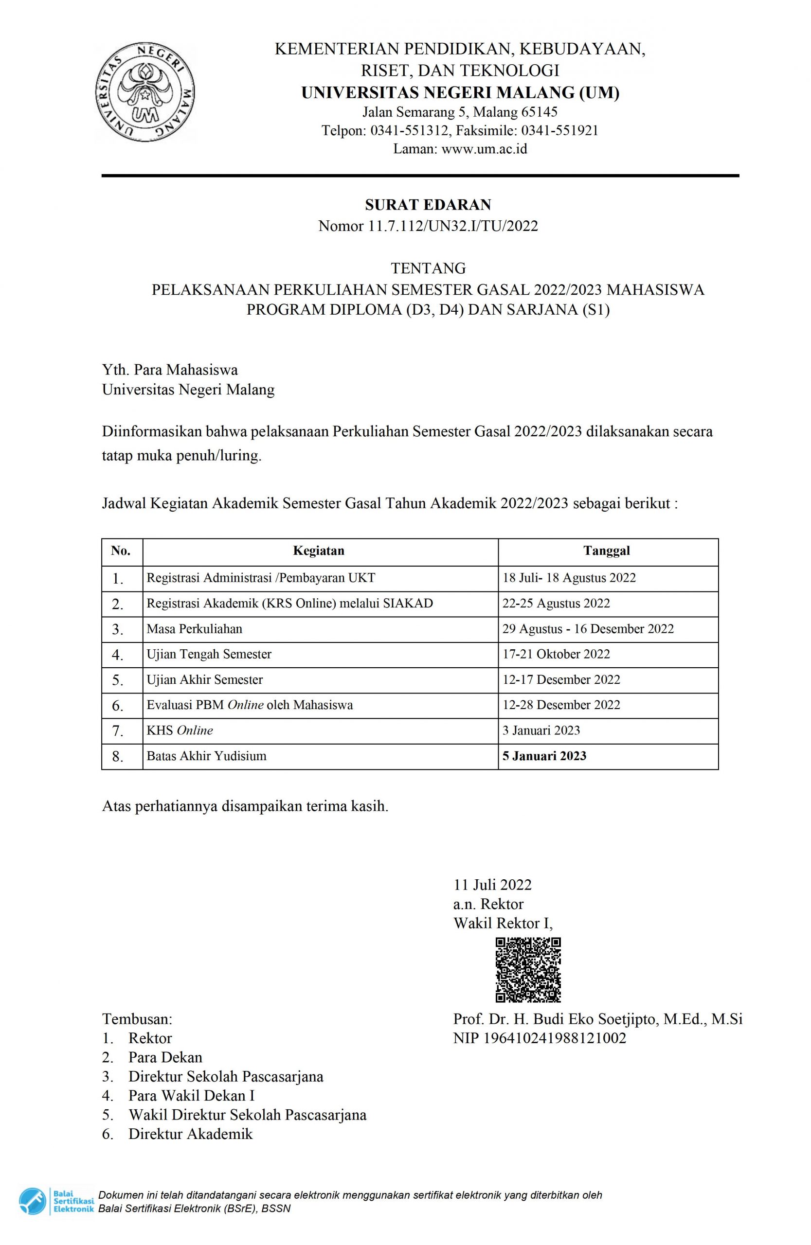 PELAKSANAAN PERKULIAHAN SEMESTER GASAL 2022/2023 UNTUK MAHASISWA PROGRAM DIPLOMA (D3, D4) DAN SARJANA (S1)