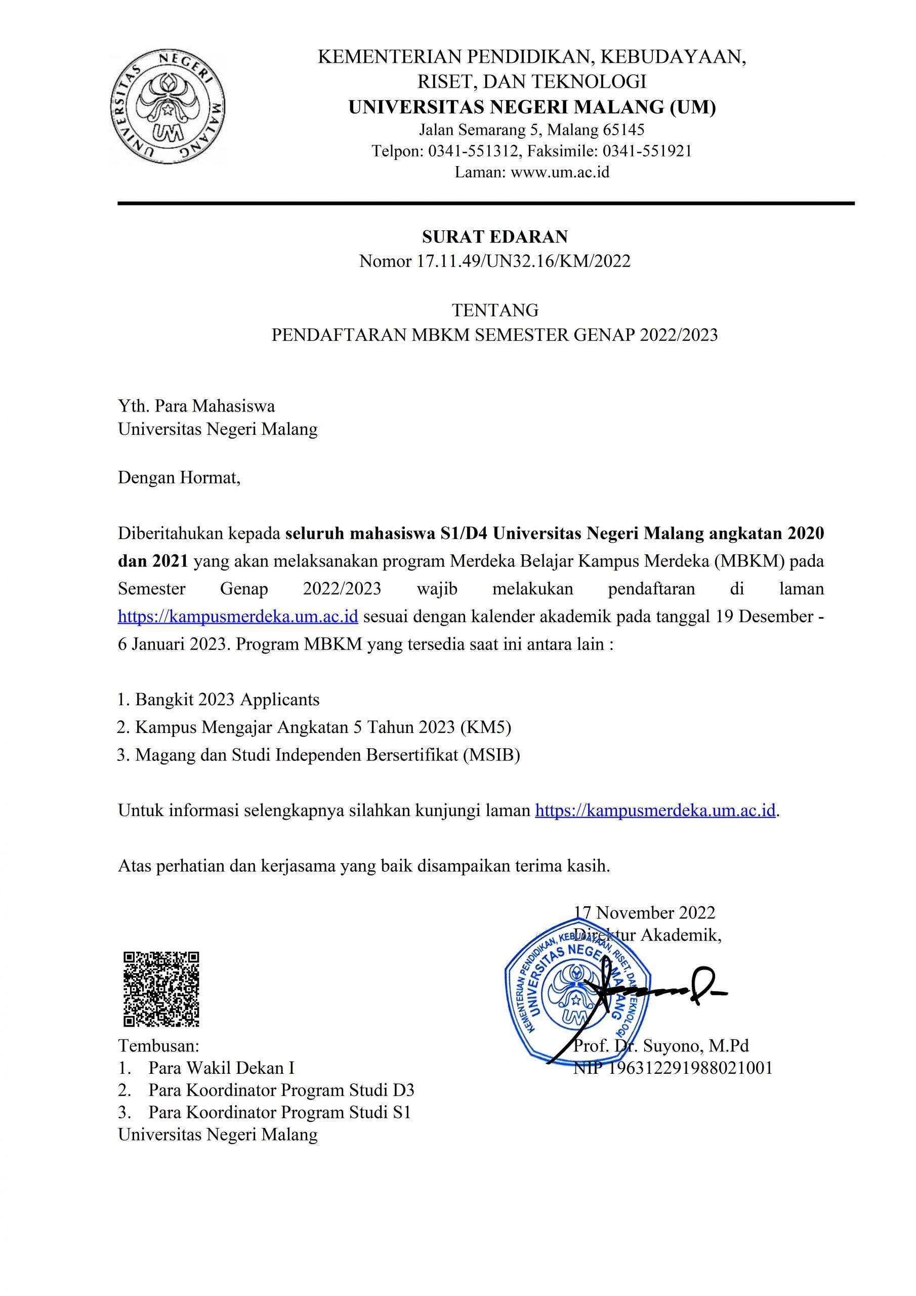 Surat Edaran Pendaftaran MBKM Semester Genap 2022/2023
