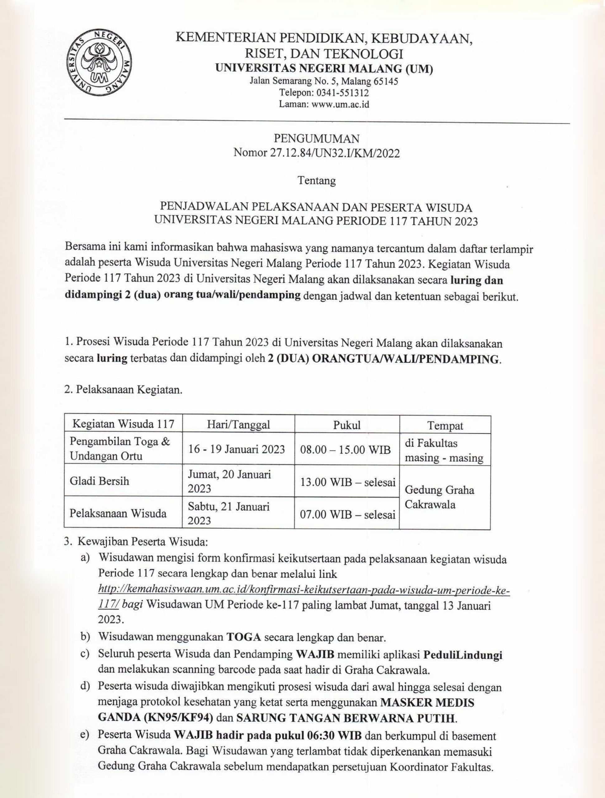 Pelaksanaan Wisuda Universitas Negeri Malang Periode 117 Tahun 2023